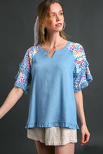 Load image into Gallery viewer, Umgee Linen Top with Mixed Print Sleeves in Light Blue Top Umgee   
