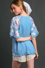 Load image into Gallery viewer, Umgee Linen Top with Mixed Print Sleeves in Light Blue Top Umgee   
