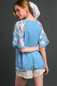 Umgee Linen Top with Mixed Print Sleeves in Light Blue Top Umgee   