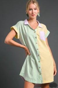 Umgee Mixed Colorblock Stripe Button Down Dress in Green Dress Umgee   