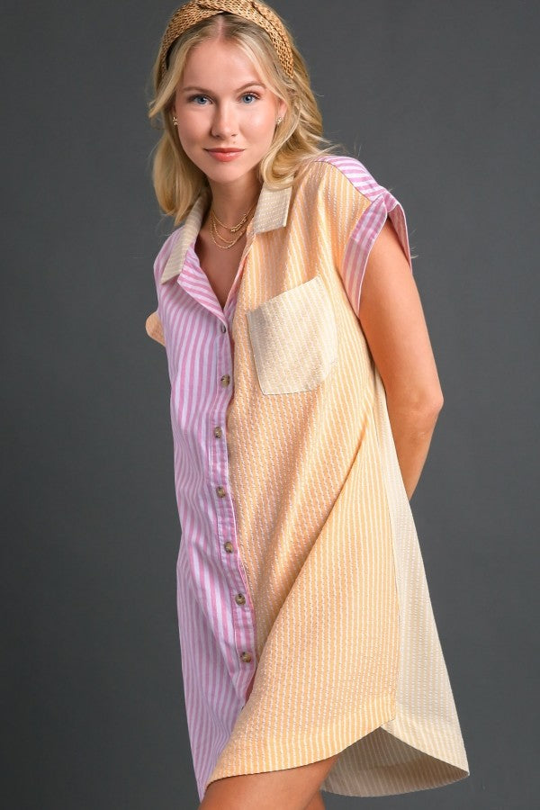 Umgee Mixed Colorblock Stripe Button Down Dress in Pink Dress Umgee   