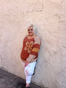 Easel Color Block Top with Flower Patch in Rust