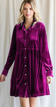 Load image into Gallery viewer, Jodifl Solid Color Velvet Button-up Baby Doll Dress in Magenta Dress Jodifl   
