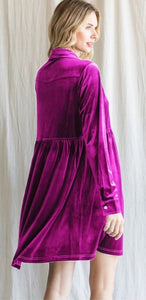 Jodifl Solid Color Velvet Button-up Baby Doll Dress in Magenta Dress Jodifl   