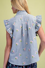 Load image into Gallery viewer, Easel Floral Embroidery Detailed Striped Top in Blue
