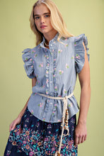 Load image into Gallery viewer, Easel Floral Embroidery Detailed Striped Top in Blue
