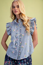 Load image into Gallery viewer, Easel Floral Embroidery Detailed Striped Top in Blue
