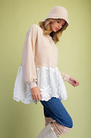 Easel Mixed Fabric Lace Bottom Tunic Top in Beige