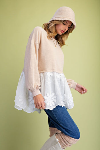 Easel Mixed Fabric Lace Bottom Tunic Top in Beige