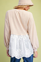 Easel Mixed Fabric Lace Bottom Tunic Top in Beige