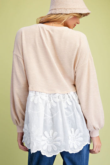 Easel Mixed Fabric Lace Bottom Tunic Top in Beige