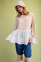 Easel Mixed Fabric Lace Bottom Tunic Top in Beige