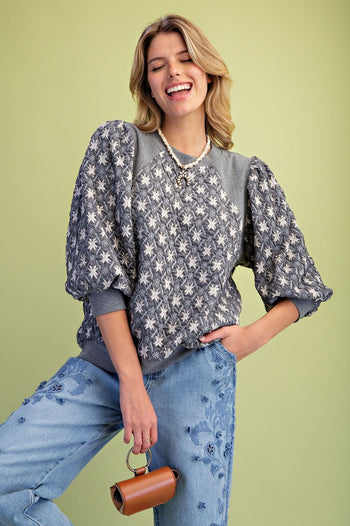 Easel Quilted Banded Bottom Top in Charcoal