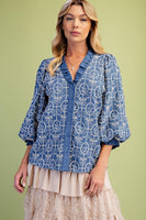 Easel Denim Embroidery Ruffle Trim Blouse in Denim