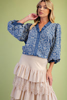 Easel Denim Embroidery Ruffle Trim Blouse in Denim