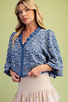 Easel Denim Embroidery Ruffle Trim Blouse in Denim