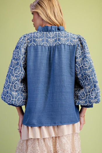 Easel Denim Embroidery Ruffle Trim Blouse in Denim