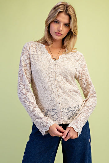 Easel Floral Lace Button-Front Top in Stone