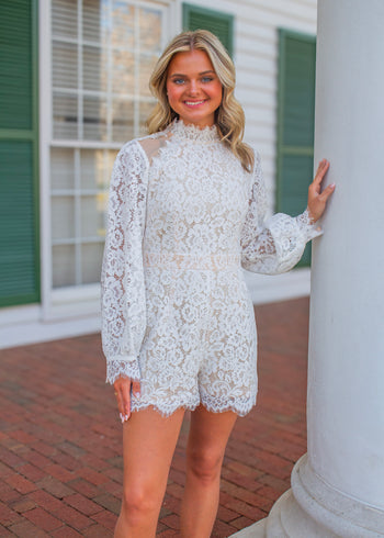 FATE Floral Lace with Sheer Details Romper in Cream M