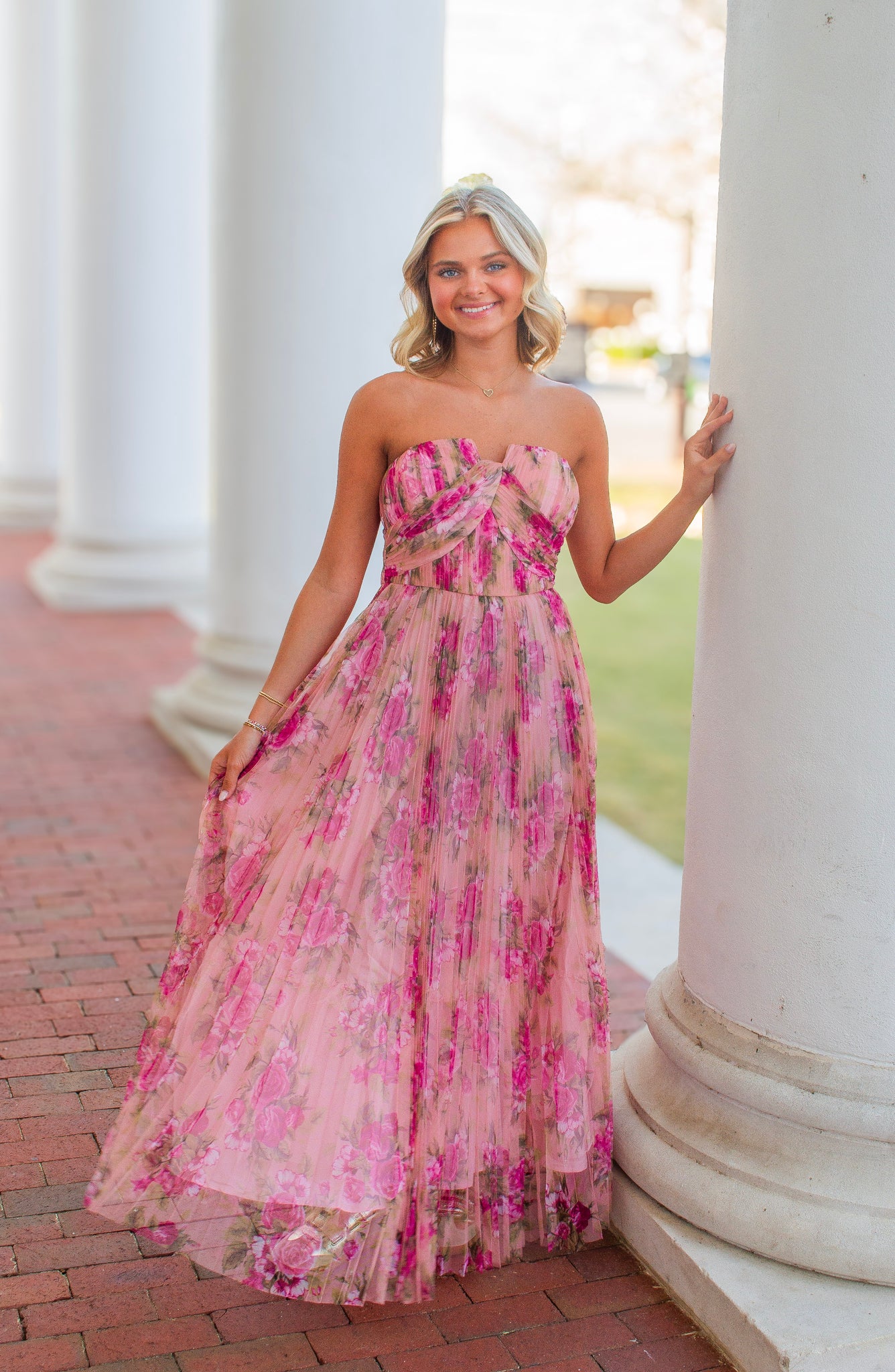 FATE Floral Print Pleated Mesh Maxi Dress in Blush Pink June Adel FATE Floral Print Pleated Mesh Maxi Dress in Blush Pink June Adel