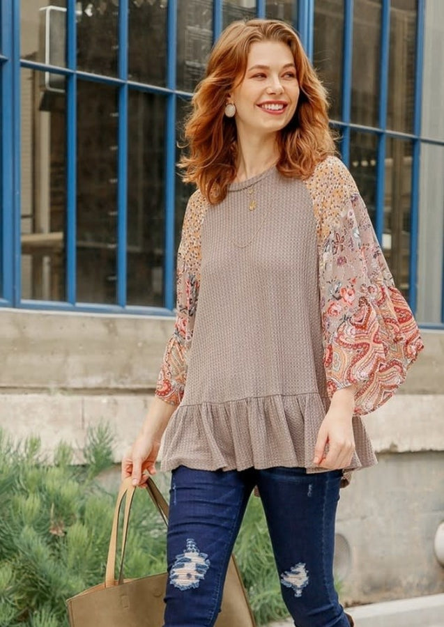 Umgee Waffle Knit Top with Floral Paisley Mixed Print Bell Sleeves in Mocha Grey Top Umgee   
