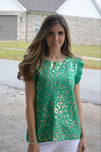 Jodifl Metallic Leopard Print Knit Top in Emerald Shirts & Tops Jodifl   