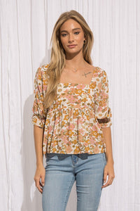 Romantic Floral Top with Puff Sleeves and Square Neckline Shirts & Tops BaeVely   