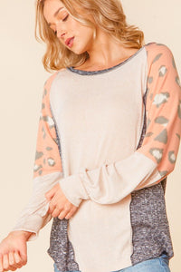 Oatmeal and Peach Color Block Top with Animal Print  Haptics   