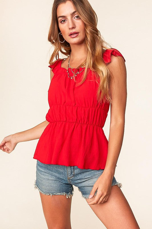 Red Sleeveless Peplum Top with Square Neckline FINAL SALE Shirts & Tops Sugarfox   