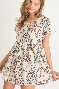 Babydoll Short Sleeve Top with Coral Leopard Print Tops First Love   