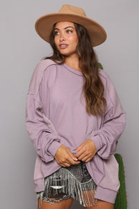 Solid Color Mixed French Terry and Ribbed Knit Top in Dark Lavender Top Fantastic Fawn   