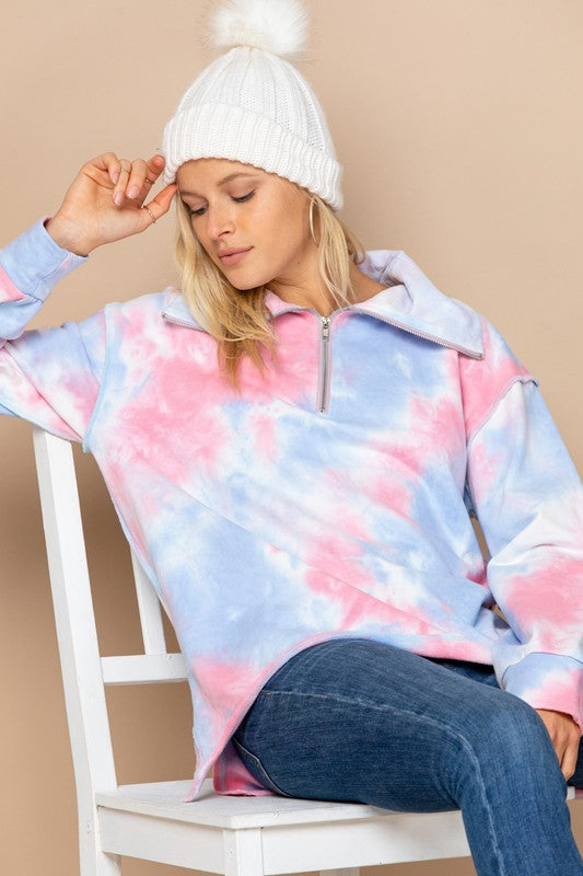 Oddi Blue and Pink French Terry Tie Dye Zip Pullover Top Top Oddi   
