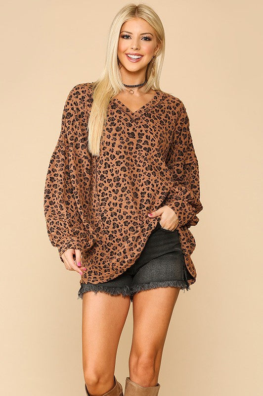 GiGio Camel Animal Print Textured Top with Bubble Sleeves FINAL SALE  Gigio   