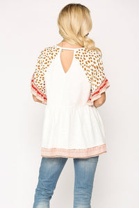 GiGio Off White Top with Animal Print Sleeves Top Gigio   