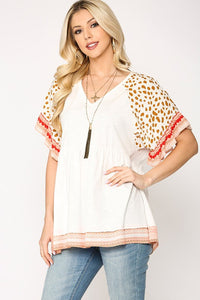 GiGio Off White Top with Animal Print Sleeves Top Gigio   