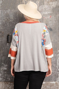Easel Pin Stripe Top with Mixed Print Design in Heather Grey Shirts & Tops Easel   