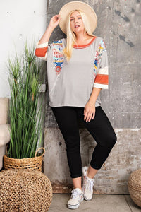 Easel Pin Stripe Top with Mixed Print Design in Heather Grey Shirts & Tops Easel   