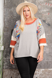 Easel Pin Stripe Top with Mixed Print Design in Heather Grey Shirts & Tops Easel   