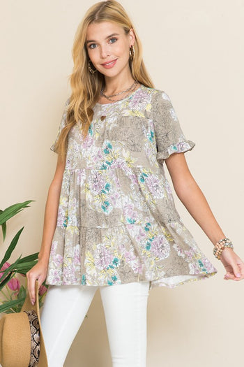 Celeste Floral Print Short Sleeve Tunic in Mocha  Celeste   