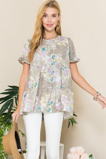 Celeste Floral Print Short Sleeve Tunic in Mocha  Celeste   