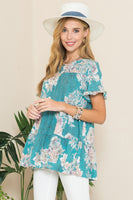 Floral Print Short Sleeve Tunic in Green  Celeste   