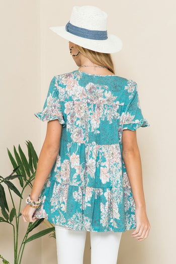 Floral Print Short Sleeve Tunic in Green  Celeste   