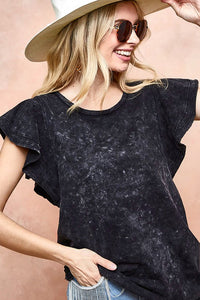 BiBi Ruffle Sleeve Mineral Wash Top in Black Charcoal Top BiBi   