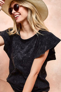 BiBi Ruffle Sleeve Mineral Wash Top in Black Charcoal Top BiBi   