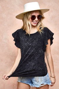 BiBi Ruffle Sleeve Mineral Wash Top in Black Charcoal Top BiBi   