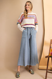 Easel Washed Terry Knit Wide Leg Pants in Faded Teal  Easel   