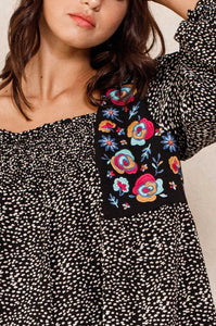 Oddi Ditzy Dot Print Top with Floral Embroidery in Black  Oddi   