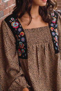 Oddi Ditzy Dot Print Top with Floral Embroidery in Taupe FINAL SALE  Oddi   