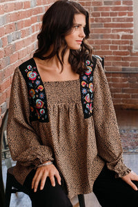 Oddi Ditzy Dot Print Top with Floral Embroidery in Taupe FINAL SALE  Oddi   