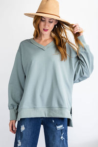 Easel Terry Knit Loose Pullover Top in Blue Gray  Easel   